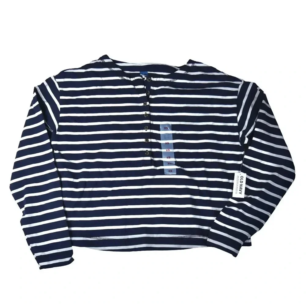 Old Navy Women’s Navy White Nautical Striped Henley Long Sleeve Jersey Shirt XS - Picture 3 of 9